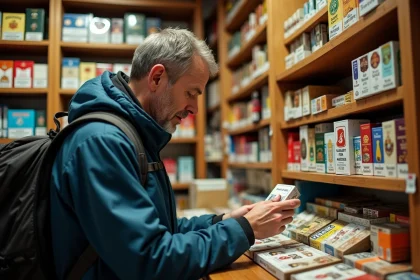 Voyageur examinant un paquet de cigarettes dans un bureau de tabac en Andorre avec des prix affichés