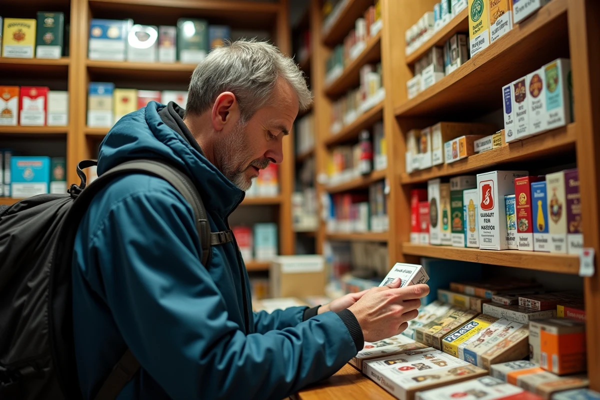 Voyageur examinant un paquet de cigarettes dans un bureau de tabac en Andorre avec des prix affichés