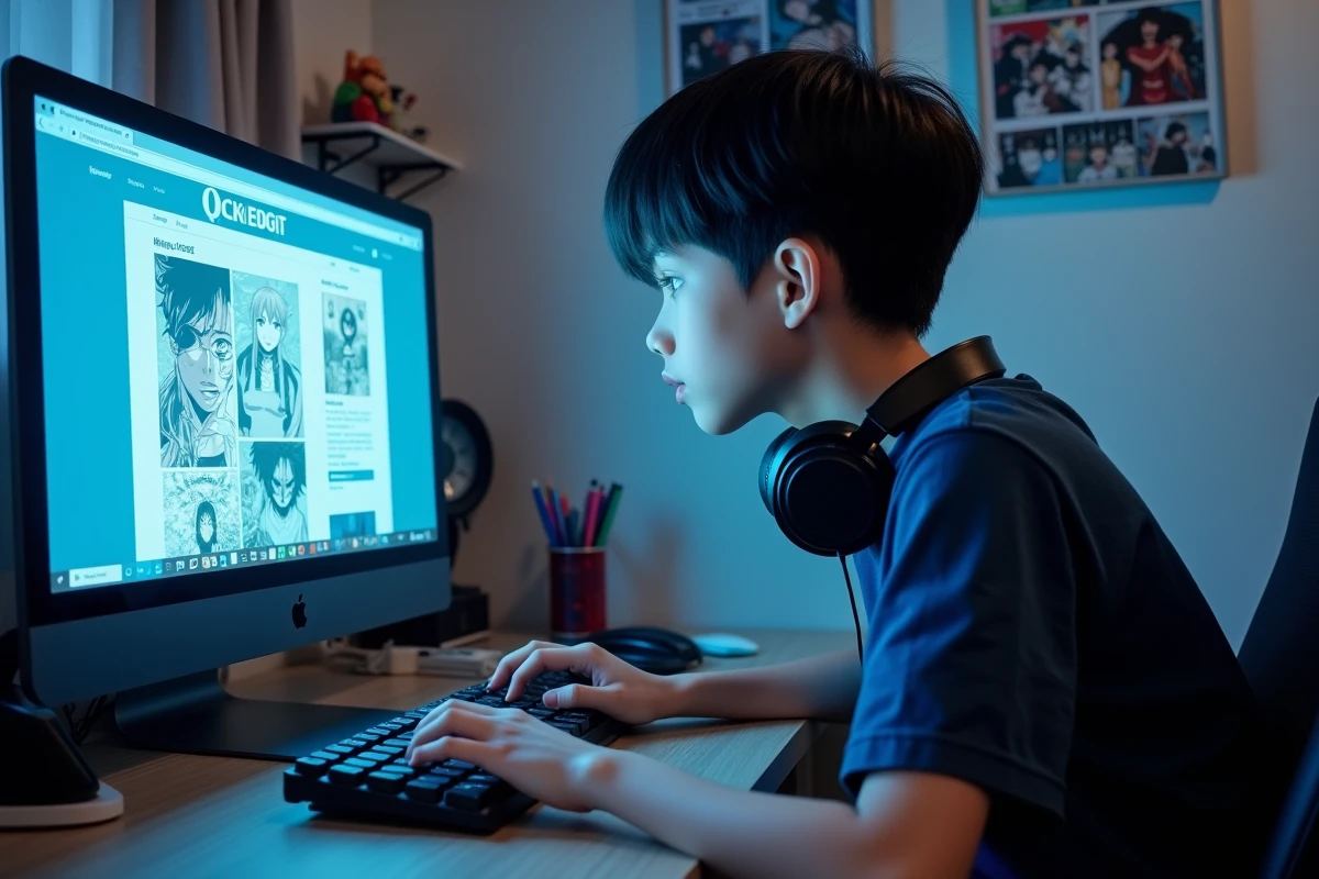Adolescent concentré lisant des scans manga sur un ordinateur de bureau dans sa chambre avec des posters anime