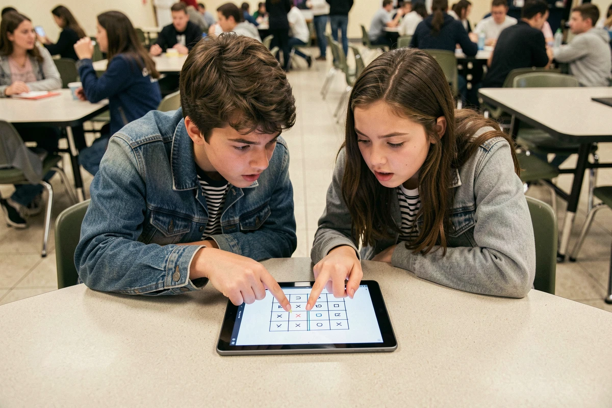 Deux adolescents jouant ensemble au morpion sur tablette dans une cafétéria scolaire avec des expressions compétitives