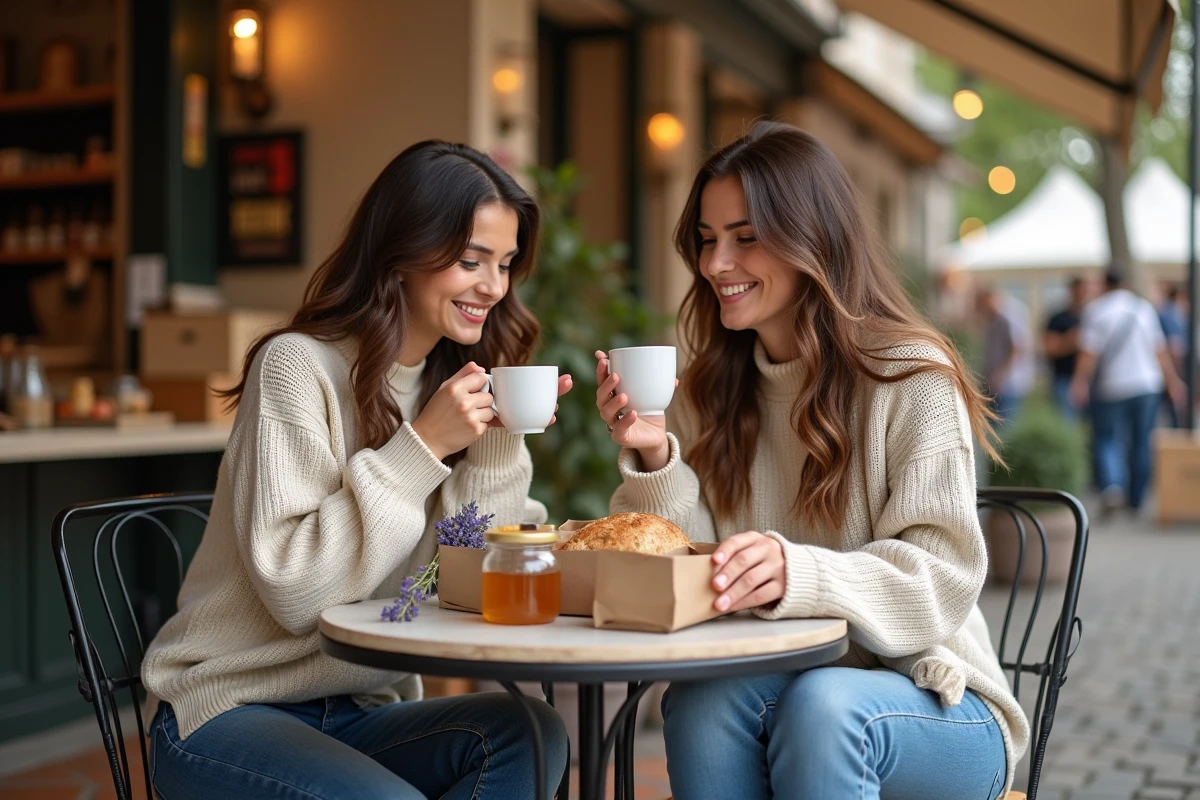 Deux amies savourant un café en terrasse entourées de leurs achats au marché dominical