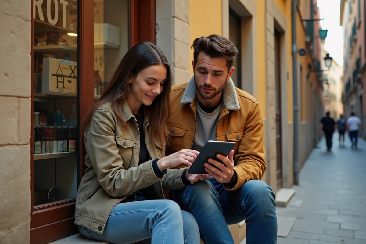 Deux amis consultant ensemble une plateforme d'annonces de seconde main italienne sur une tablette dans une ruelle italienne authentique
