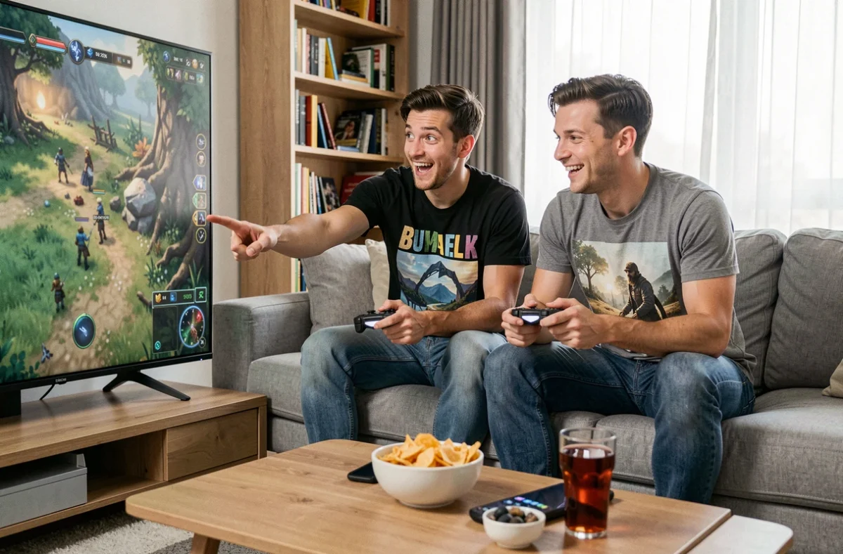 Deux amis adultes jouant ensemble à un MMORPG fantaisiste sur grand écran dans un salon moderne, pointant l'écran avec enthousiasme