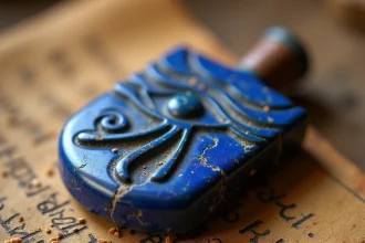 Amulette de l'œil d'Horus en lapis-lazuli sculptée avec des hiéroglyphes anciens posée sur un tissu de lin