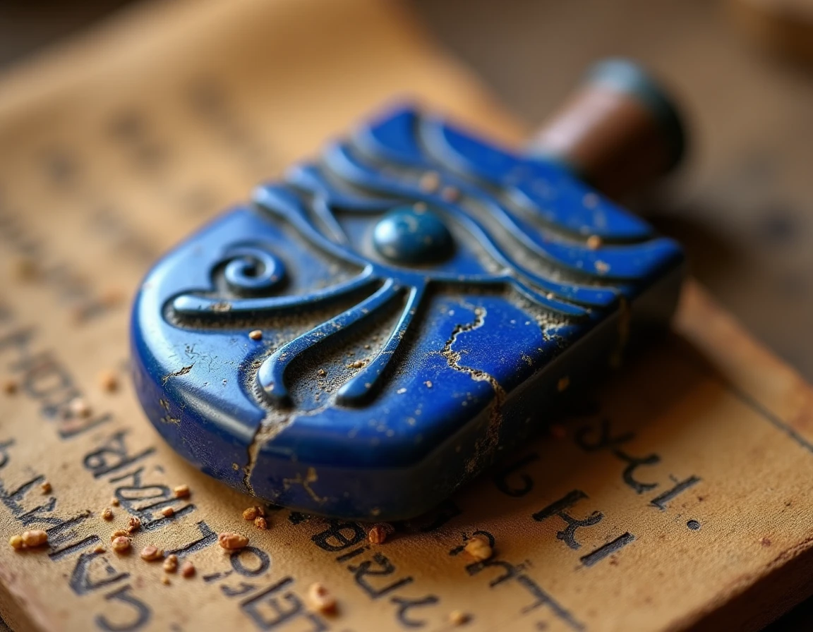 Amulette de l'œil d'Horus en lapis-lazuli sculptée avec des hiéroglyphes anciens posée sur un tissu de lin