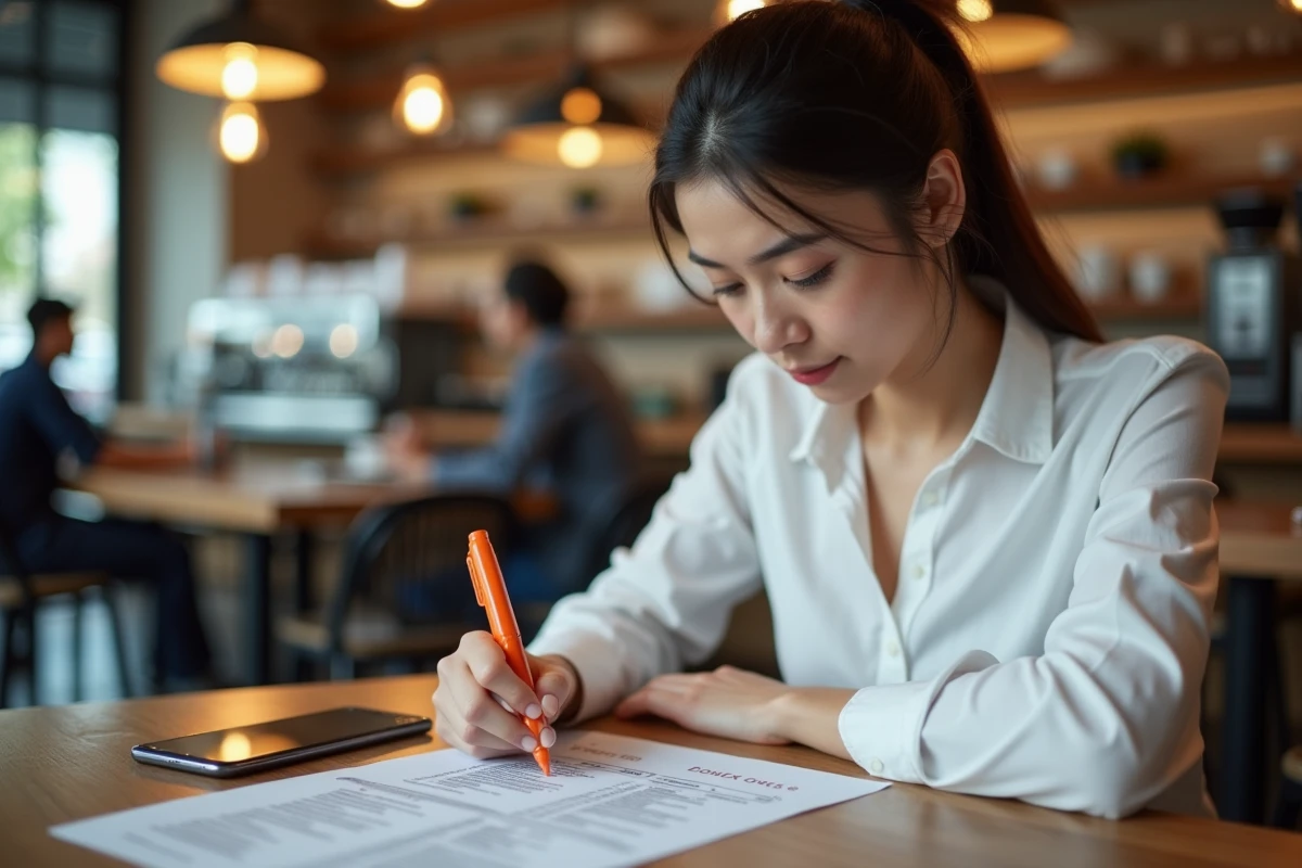 Femme analysant les petits caractères des bonus et promotions d'un site de jeux en ligne dans un café
