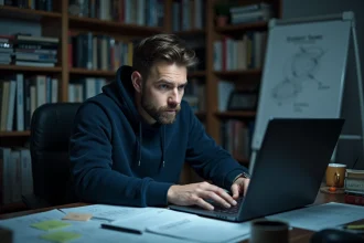 Analyste cybersécurité examinant un détournement de domaine sur son ordinateur portable dans un bureau encombré de documents