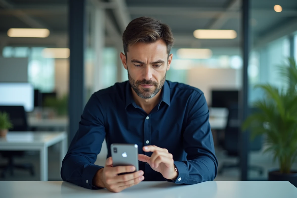 Homme en bureau composant un numéro allemand avec l'indicatif pays 49 depuis son iPhone