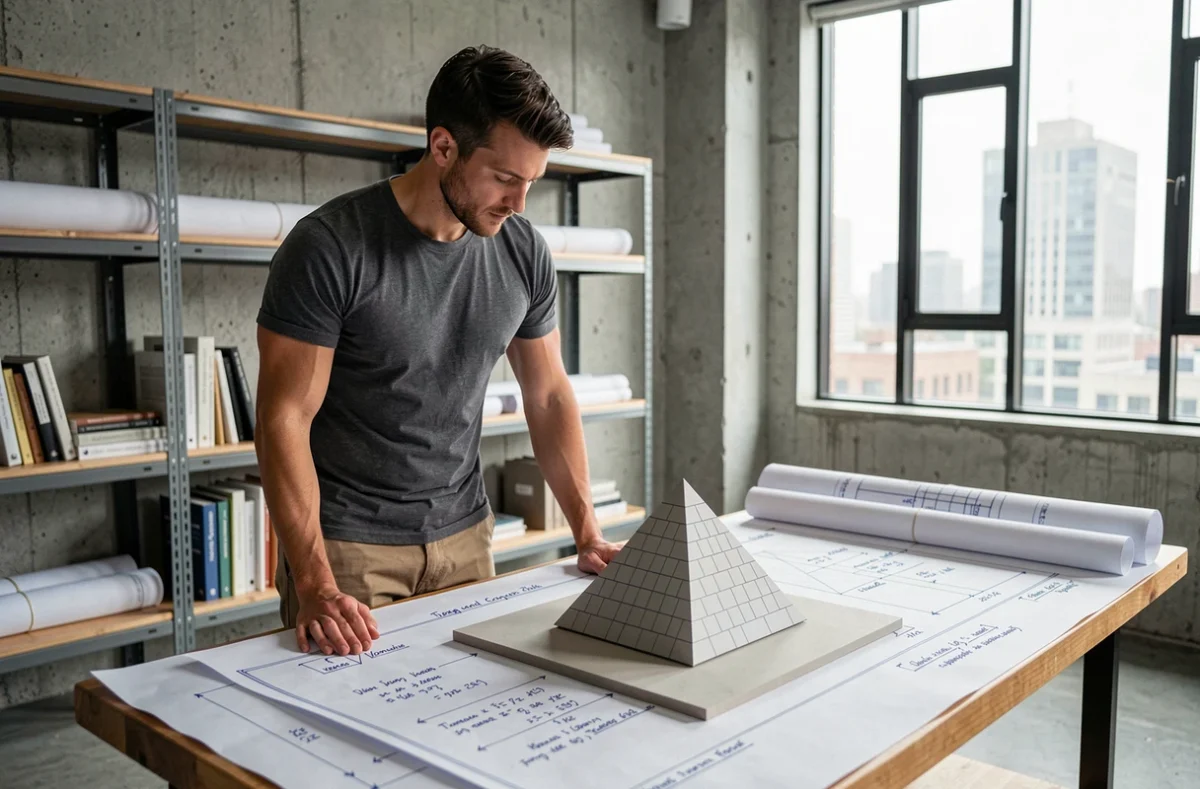 Architecte étudiant un modèle réduit de pyramide à base carrée avec des plans annotés de formules de volume et hauteur