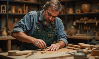 Artisan en atelier sculptant du bois avec outils et étagères