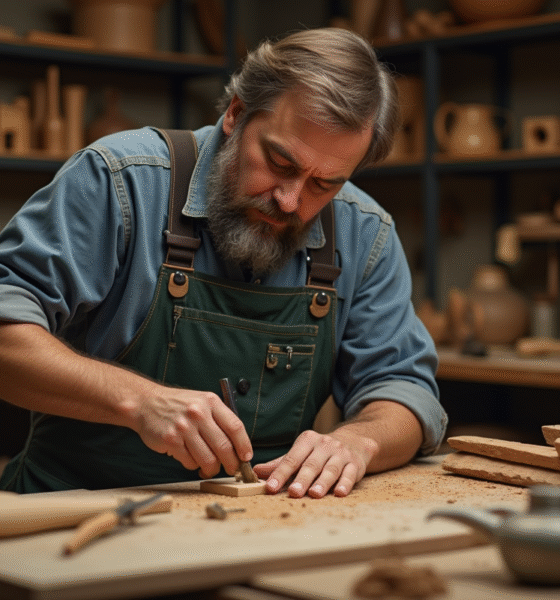 Artisan en atelier sculptant du bois avec outils et étagères