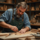 Artisan en atelier sculptant du bois avec outils et étagères