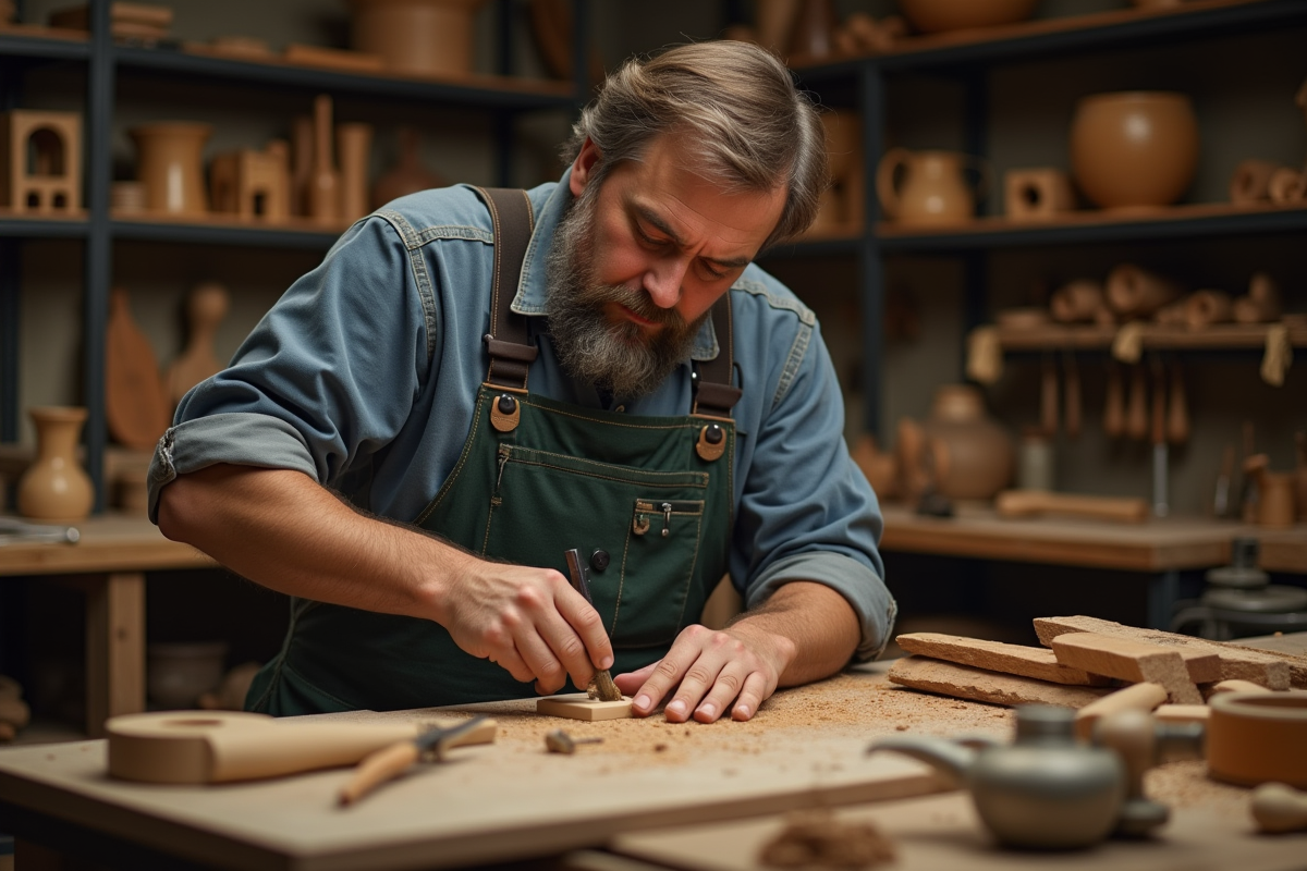 Artisan en atelier sculptant du bois avec outils et étagères