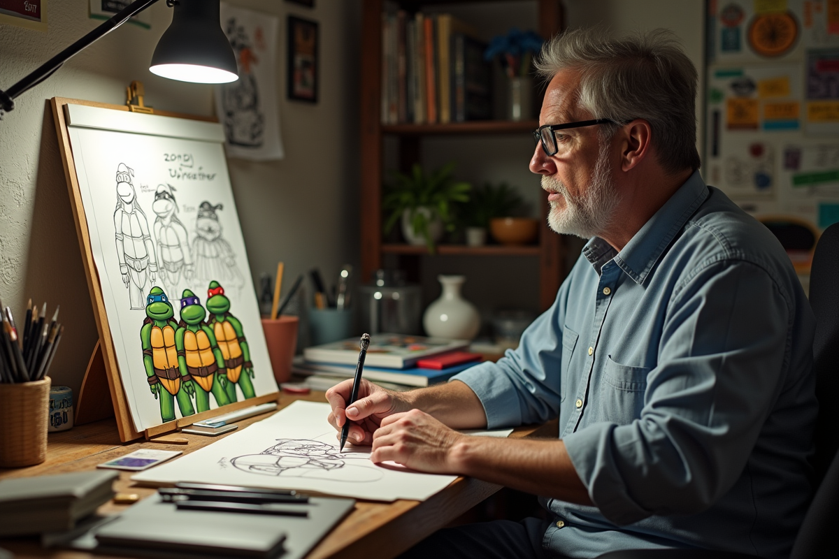 Artiste créant des dessins des tortues ninja dans son studio