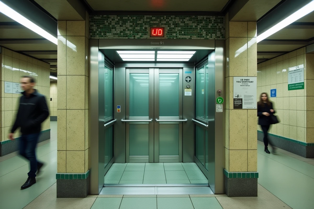 Ascenseur accessible PMR ouvert dans une station du métro parisien ligne 9 avec signalétique en braille
