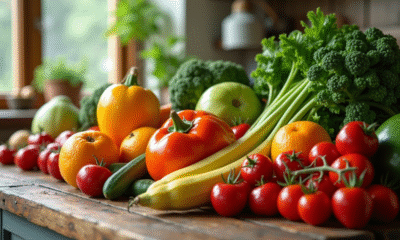 Assortiment de fruits et légumes frais sur une table en bois