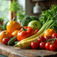 Assortiment de fruits et légumes frais sur une table en bois