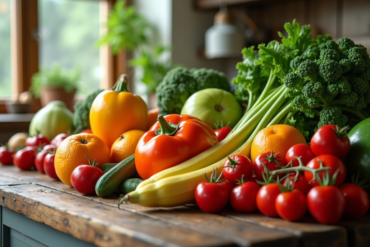 Assortiment de fruits et légumes frais sur une table en bois