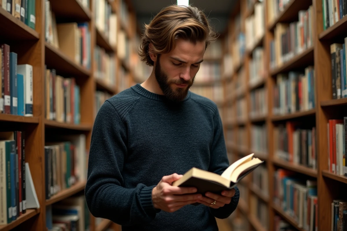 Auteur tenant un recueil de poésie dans une librairie indépendante, rayonnages de livres en arrière-plan