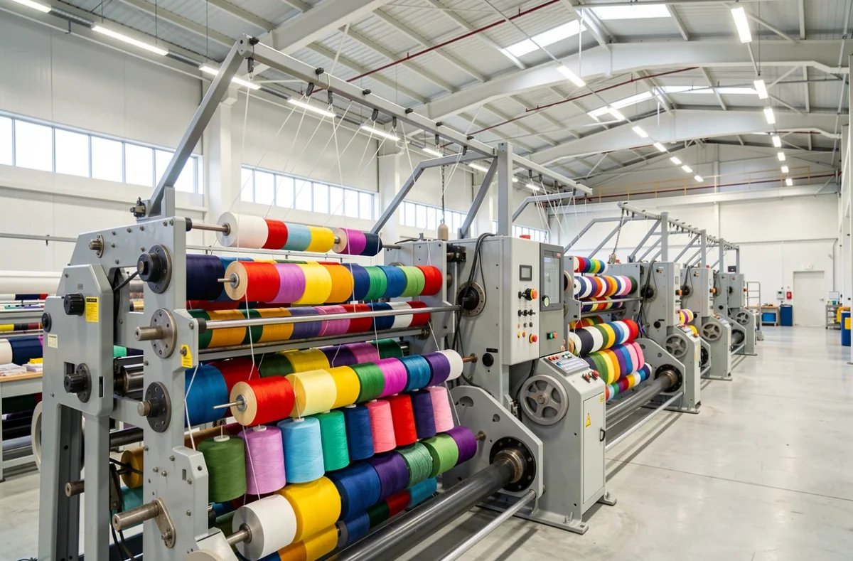Bobines de fil synthétique colorées sur une machine à filer