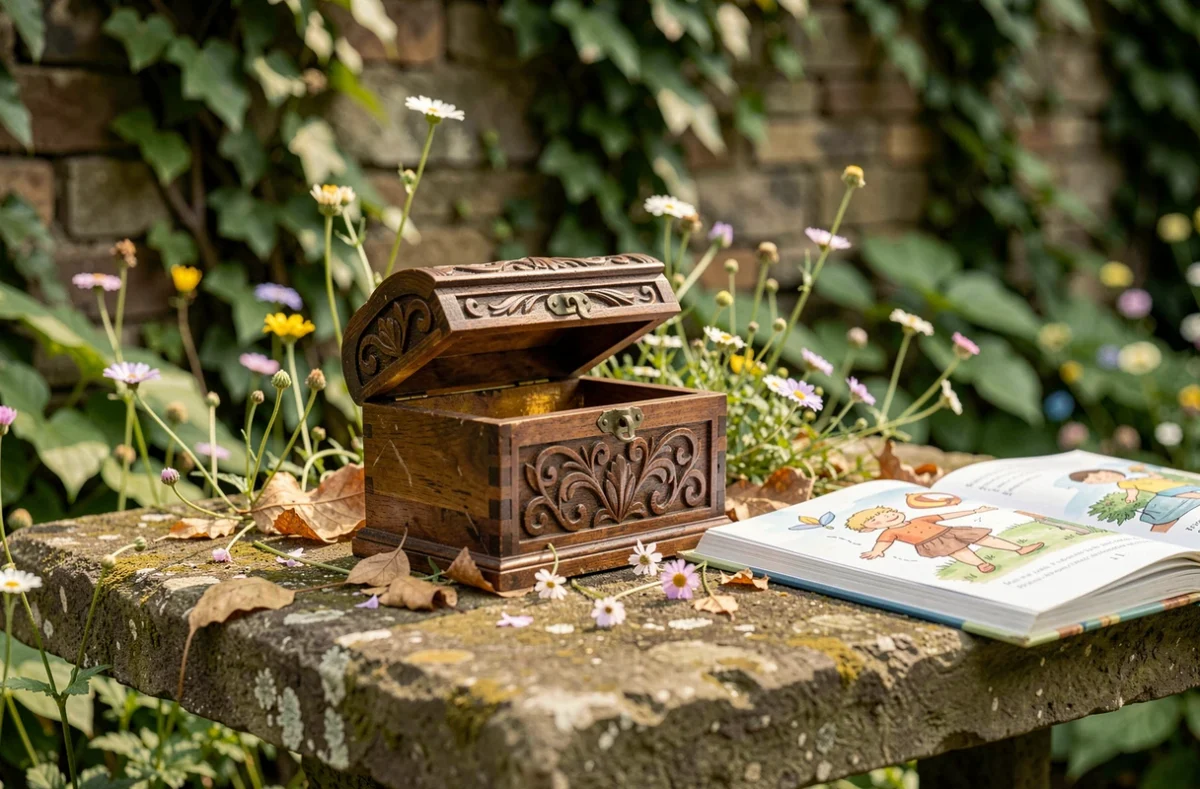 Boîte de Pandore ancienne entourée de fleurs et d'un livre illustré pour enfants dans un jardin naturel