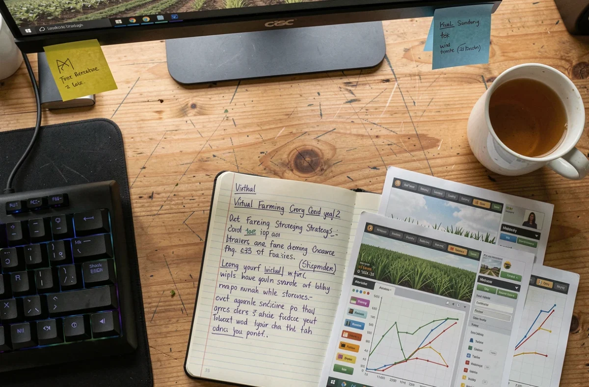 Bureau de joueur Simagri France 2 avec notes de stratégie agricole, clavier gaming et captures d'écran imprimées