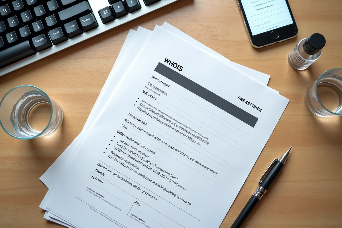 Vue aérienne d'un bureau avec rapport WHOIS imprimé et smartphone affichant des paramètres DNS liés à un détournement de domaine