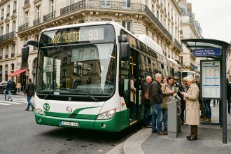 Bus RATP ligne 92 à l'arrêt dans une rue parisienne avec passagers qui montent à bord