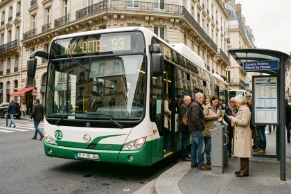 Bus RATP ligne 92 à l'arrêt dans une rue parisienne avec passagers qui montent à bord