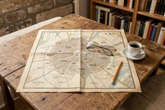 Carte vintage de Paris dépliée sur une table en bois avec les arrondissements numérotés et une paire de lunettes posée dessus