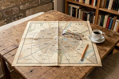 Carte vintage de Paris dépliée sur une table en bois avec les arrondissements numérotés et une paire de lunettes posée dessus