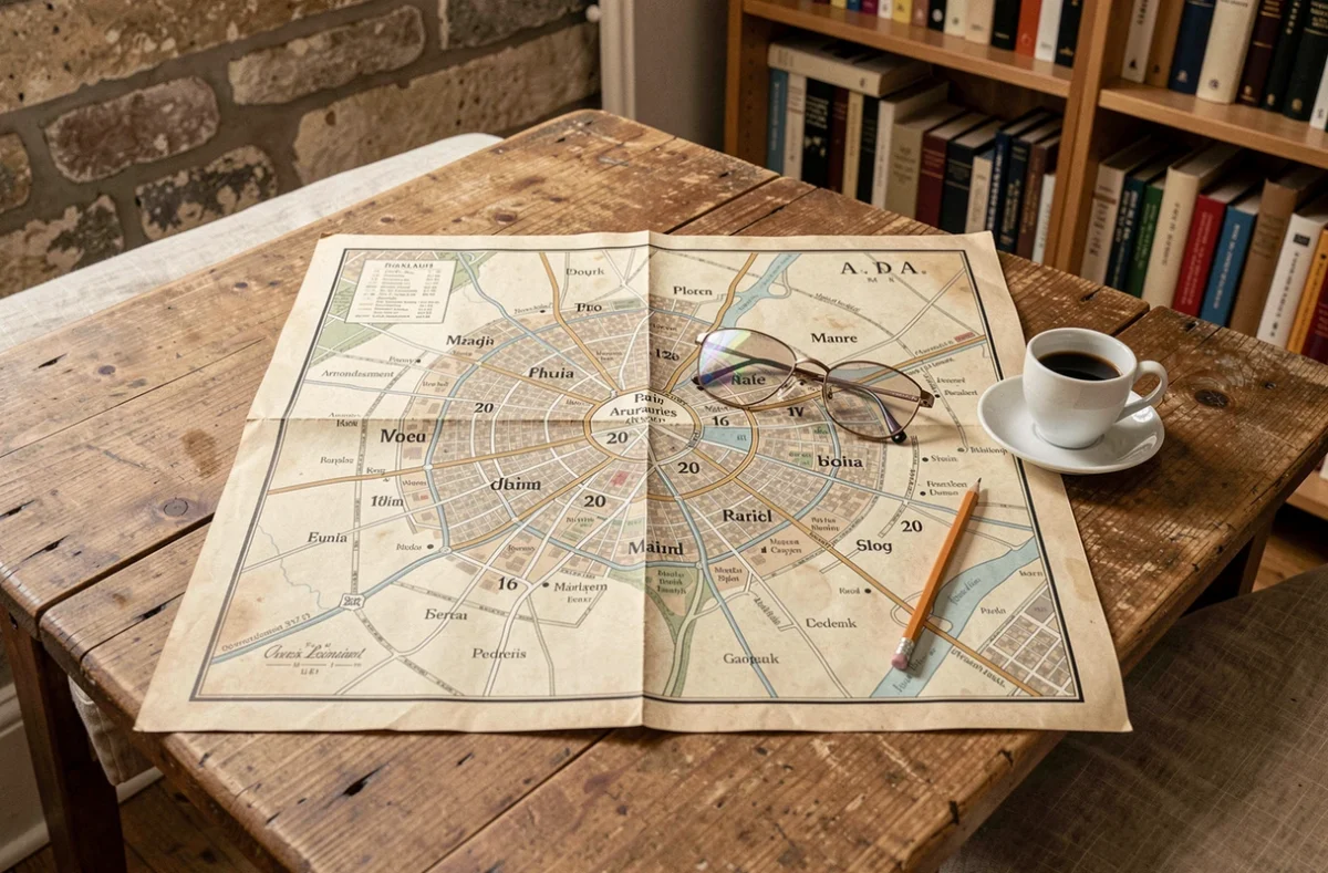 Carte vintage de Paris dépliée sur une table en bois avec les arrondissements numérotés et une paire de lunettes posée dessus