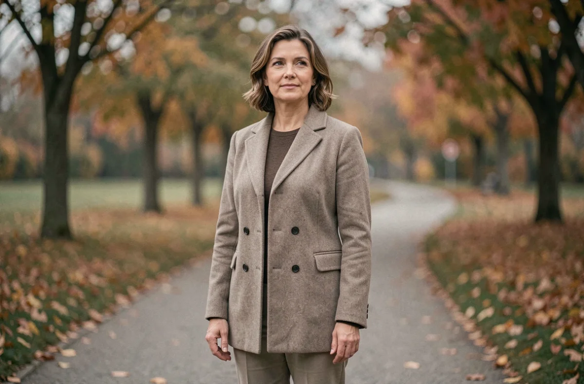 Femme marchant seule dans un parc avec une expression apaisée, cessant de chercher l'approbation d'autrui