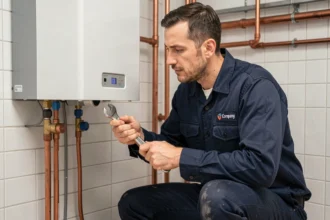 Chauffagiste professionnel en train d'inspecter une chaudière murale à gaz dans une chaufferie en Ille-et-Vilaine