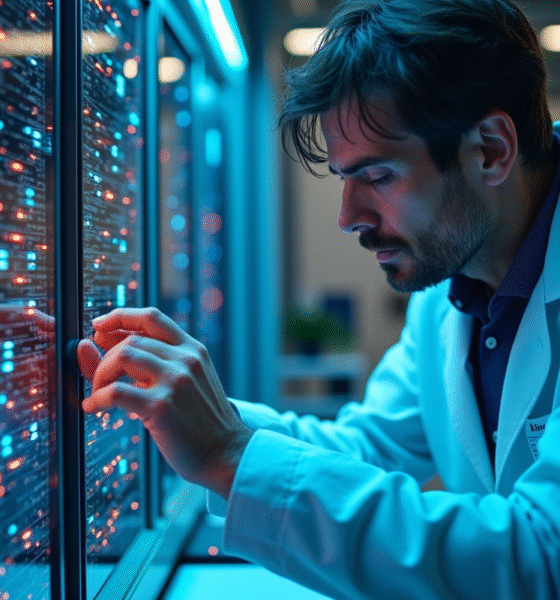 Scientifique en laboratoire moderne ajustant un ordinateur quantique