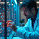 Scientifique en laboratoire moderne ajustant un ordinateur quantique