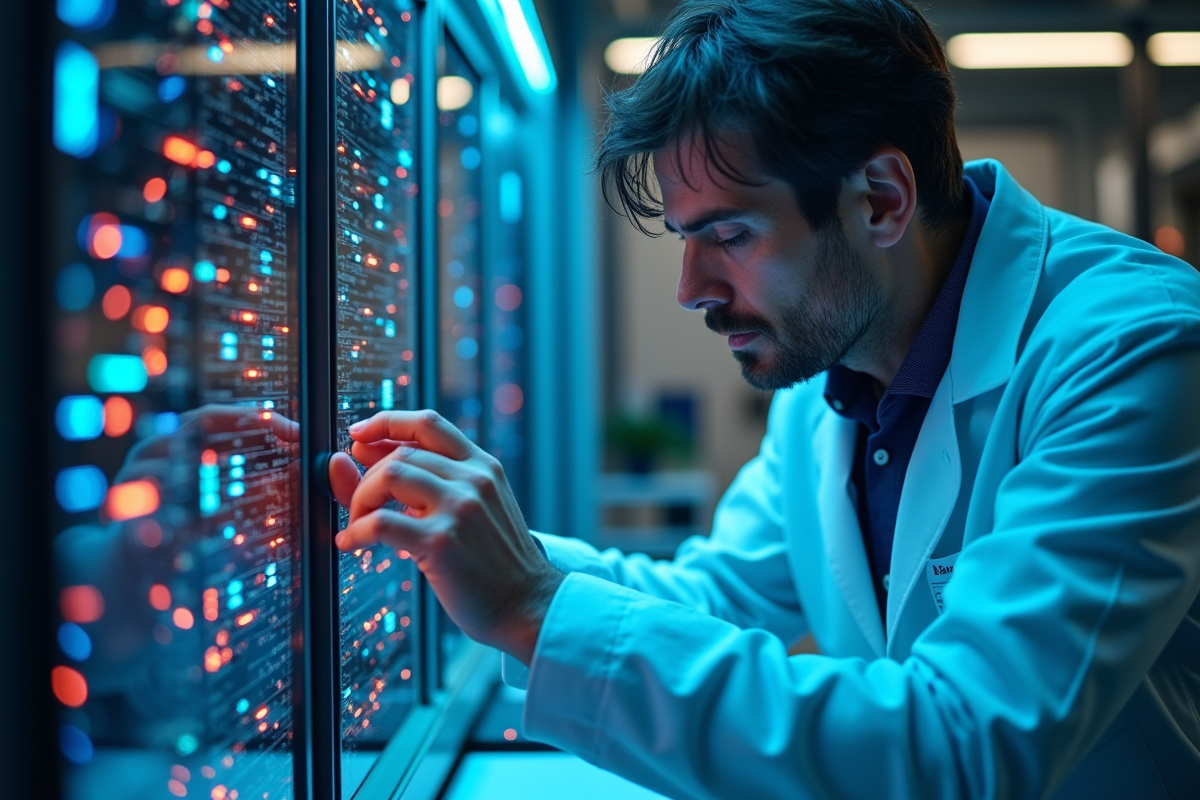 Scientifique en laboratoire moderne ajustant un ordinateur quantique