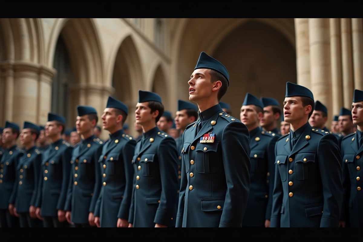 Chœur militaire français en uniforme de cérémonie chantant dans une cathédrale gothique lors d'une commémoration officielle