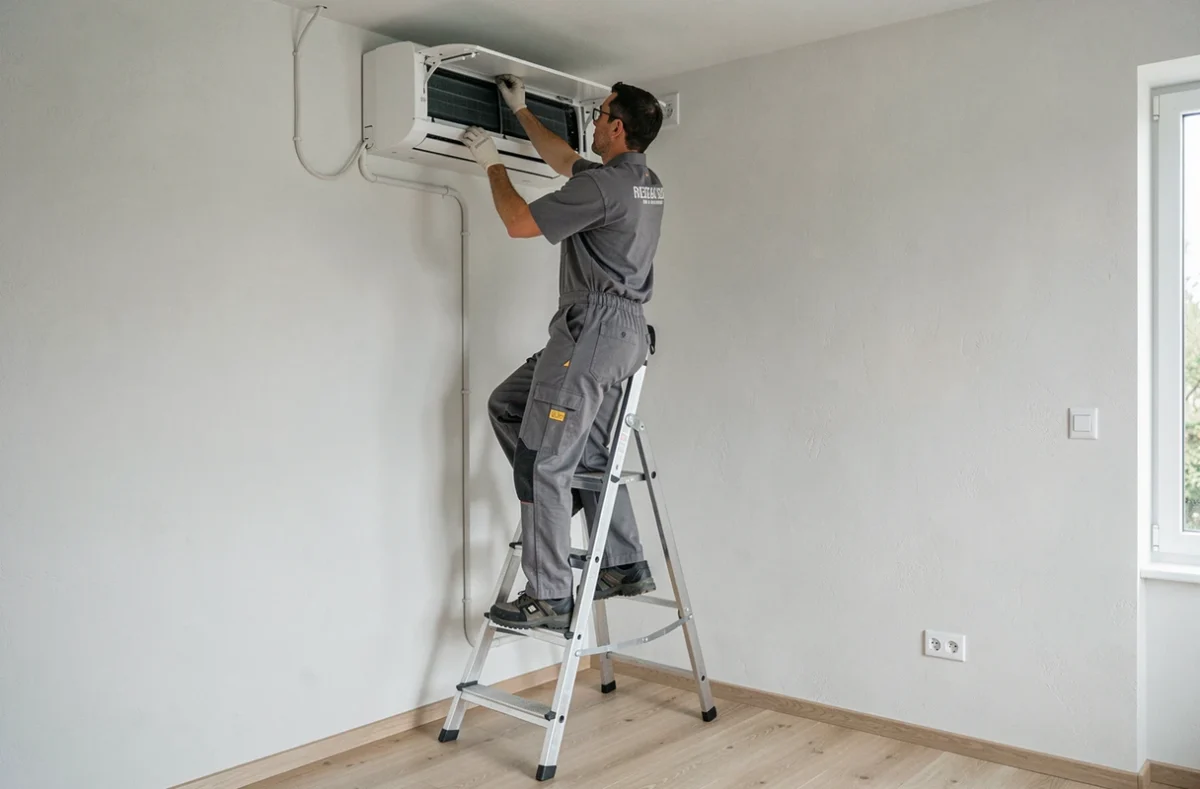 Technicien de Clim Sol installant un système de climatisation murale dans un salon contemporain