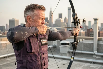Archer masculin expérimenté visant avec un arc sur un toit urbain, évoquant le personnage de Clint Barton alias Hawkeye des comics Marvel