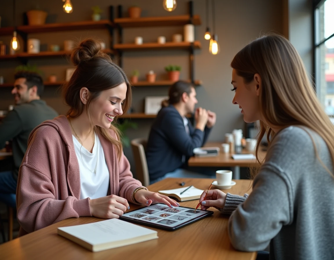Deux femmes collaborant sur une stratégie de stories Instagram esthétiques avec des templates affichés sur tablette dans un café coworking