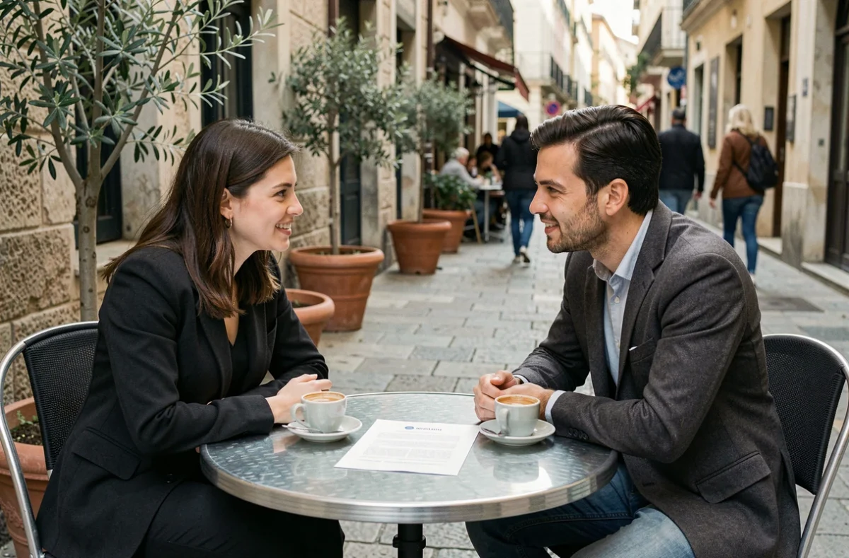 Deux collègues discutant d'un résumé simplifié autour d'un café en terrasse urbaine, représentant un échange clair et honnête sur un sujet complexe