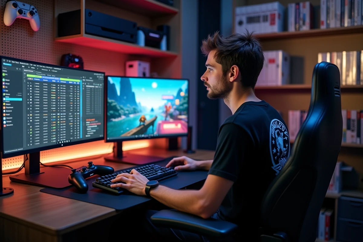 Gamer adulte devant un bureau gaming comparant les durées de vie de plusieurs jeux AAA sur deux écrans