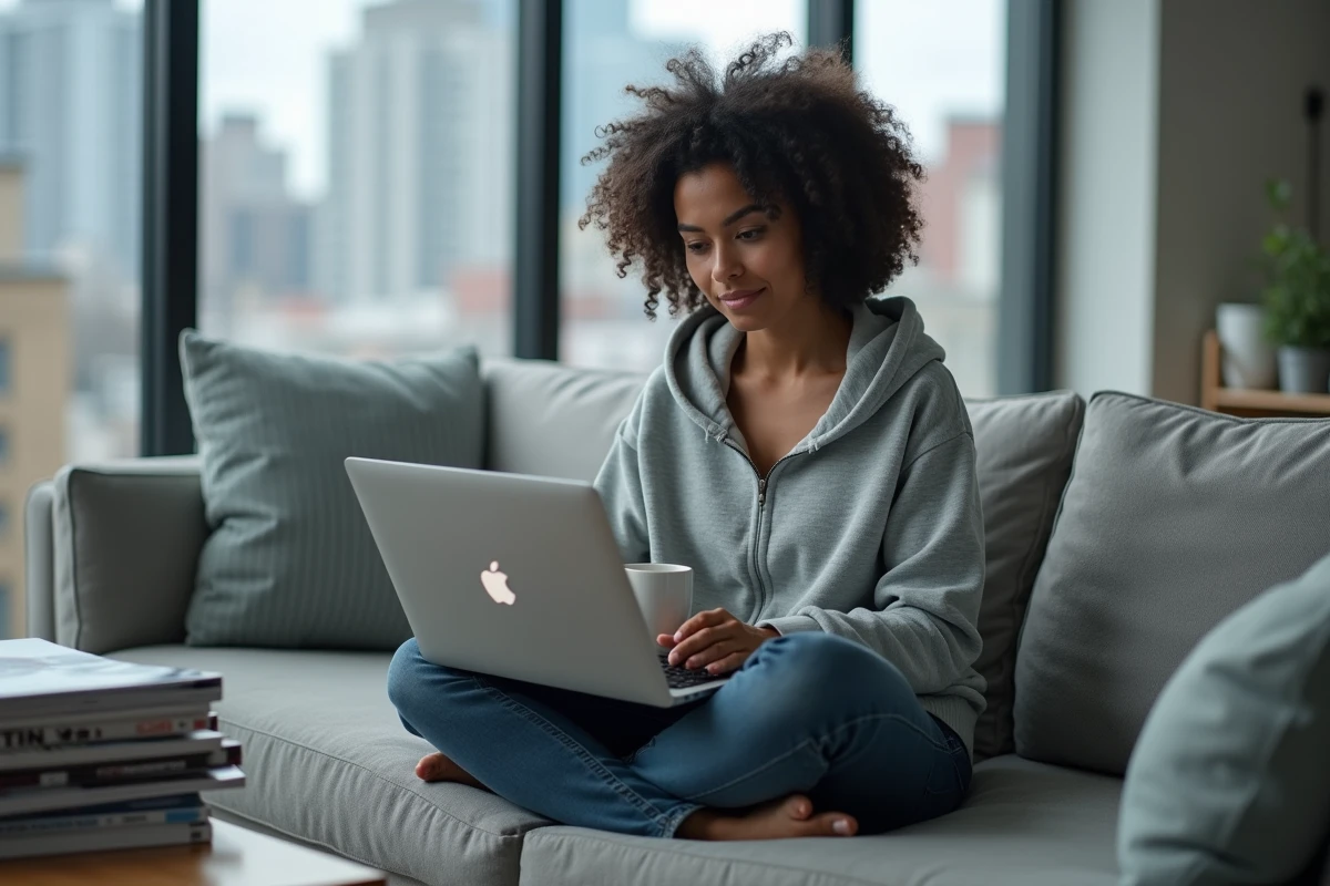 Femme comparant des plateformes d'hébergement vidéo sur son ordinateur portable depuis son salon
