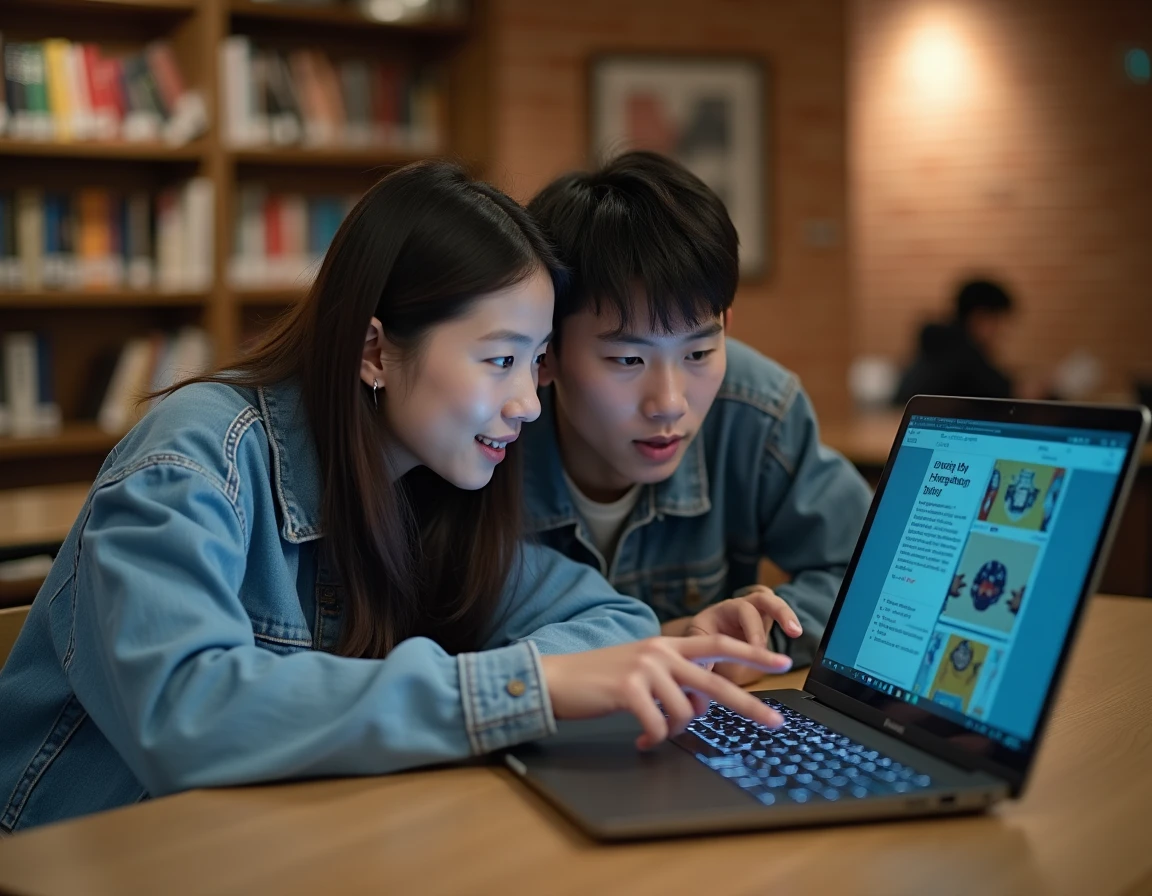 Deux jeunes adultes comparant des sites de lecture de scan manga sur un ordinateur portable en espace commun universitaire