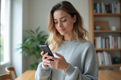 Femme composant un numéro international avec indicatif 49 sur un smartphone Android dans un appartement parisien