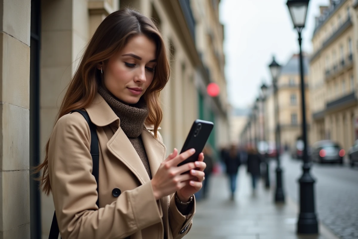 Jeune femme dans une rue parisienne composant un numéro international avec l'indicatif téléphonique 49 sur son téléphone portable