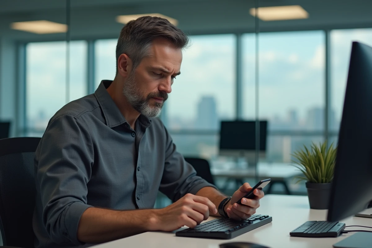 Homme en open space analysant la confidentialité de ses données textuelles sur un smartphone professionnel