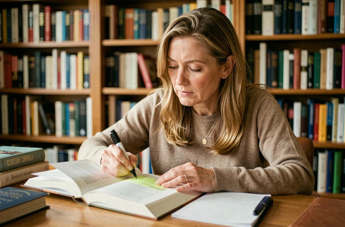 Femme lisant et annotant un livre sur les mécanismes du contrôle coercitif à son bureau