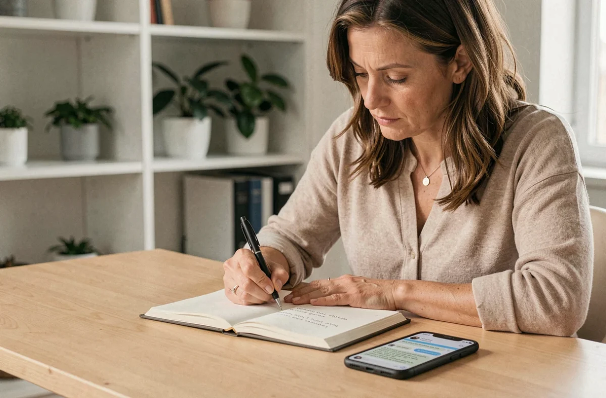 Femme prenant des notes détaillées d'une conversation dans un carnet, consignant chaque échange par écrit